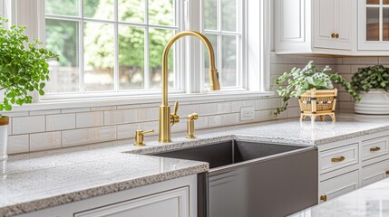 a modern kitchen featuring a beautiful sink adorned with a luxurious gold faucet, complemented by a striking black apron or farmhouse sink, pristine white granite countertops.
