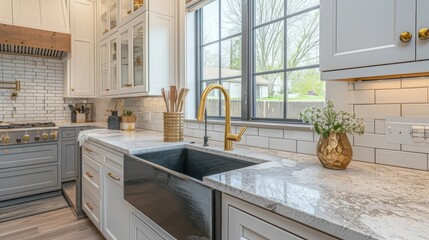 a modern kitchen featuring a beautiful sink adorned with a luxurious gold faucet, complemented by a striking black apron or farmhouse sink, pristine white granite countertops.