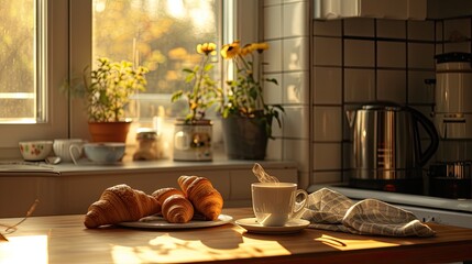 a cup of coffee arranged on the table, bathed in warm filter lighting streaming in from the kitchen window, evoking a comforting and inviting atmosphere perfect for starting the day.