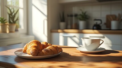 a cup of coffee arranged on the table, bathed in warm filter lighting streaming in from the kitchen window, evoking a comforting and inviting atmosphere perfect for starting the day.