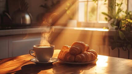 a cup of coffee arranged on the table, bathed in warm filter lighting streaming in from the kitchen window, evoking a comforting and inviting atmosphere perfect for starting the day.