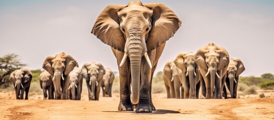 a herd of elephants walking in the middle of the savanna - obrazy, fototapety, plakaty