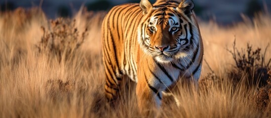 a tiger standing in the savanna grassland looking for prey