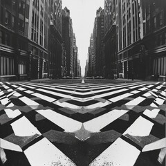 Abstract architecture background with black and white stripes. Deserted city street with distorted perspectives, creating an optical illusion that defies the laws of physics. 