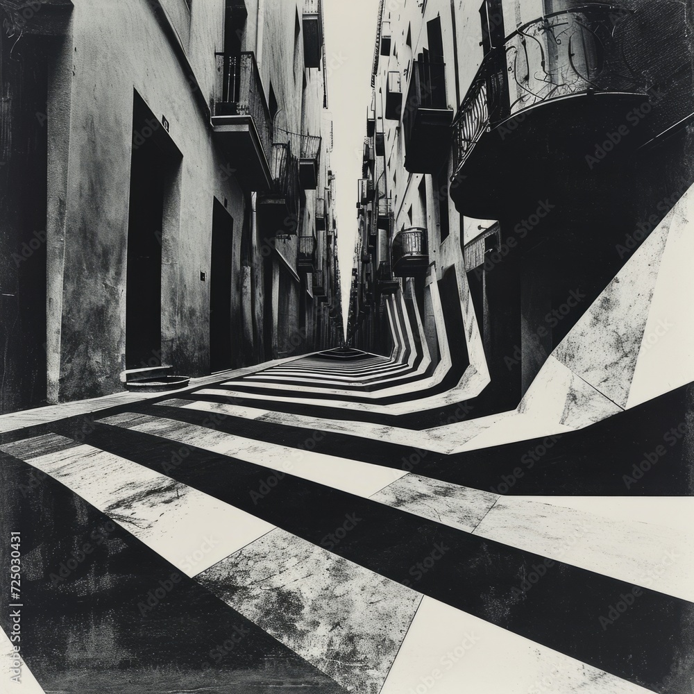 Wall mural Abstract architecture background with black and white stripes. Deserted city street with distorted perspectives, creating an optical illusion that defies the laws of physics. 