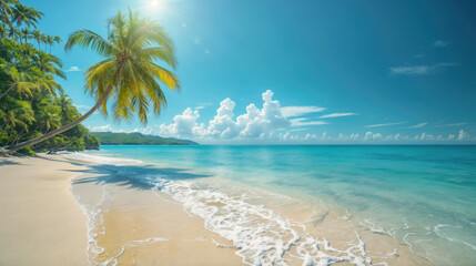 Fototapeta na wymiar Peaceful tropical beach view featuring soft white sand, azure waters, and a row of verdant palm trees under a sunny sky with fluffy clouds.