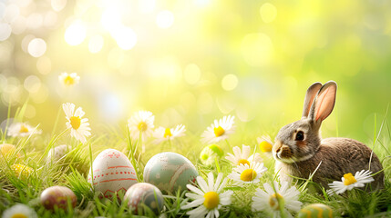 Rabbit Sitting in Grass With Eggs