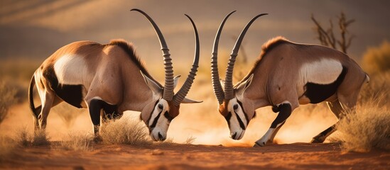 two males antelope fighting in savanna