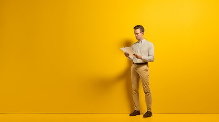 Fototapeta na wymiar A man dressed in yellow stands against a yellow background holding a single piece of paper, the look on his face lets you know that he is contemplating what it says. Photographed in studio. 