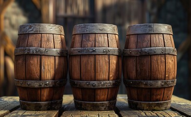 Classic wooden barrels stored in a dark wine cellar, showcasing old brown oak casks in the winery's storage.
