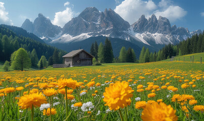 Idyllic alpine landscape scenery with traditional farmhouse and fresh green meadows, blooming flowers, and snowcapped mountain tops in spring,