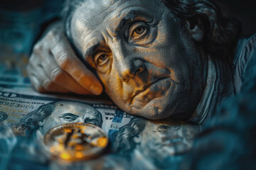 Creatively altered $100 bill with Benjamin Franklin and Bitcoin - obrazy, fototapety, plakaty