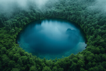 A bird's-eye view of a serene lake surrounded by dense forest, capturing the peaceful beauty of a natural landscape. Concept of aerial lake tranquility. Generative Ai.