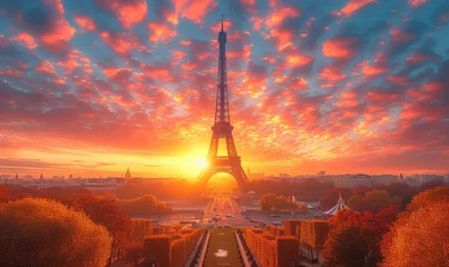 Schilderijen op glas Eiffel Tower during beautiful spring morning in Paris, France. © Tjeerd
