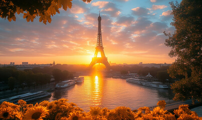 Eiffel Tower during beautiful spring morning in Paris, France.