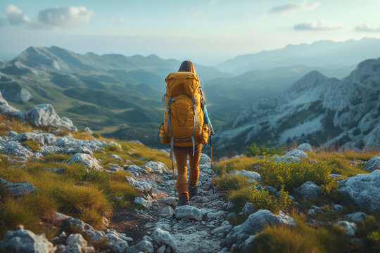 An image of a backpacker embracing the challenges of a rugged trail, embodying the authenticity of adventurous exploration. Concept of genuine outdoor discovery. Generative Ai.