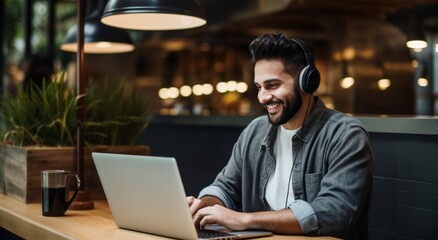 Young Man Enjoying Music on Headphones While Working. Casual man in headphones works on laptop in a cozy evening café.