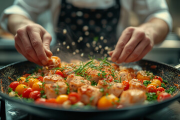 A close-up of a chef's hands meticulously preparing a dish, revealing the authenticity and passion behind culinary craftsmanship. Concept of genuine culinary artistry. Generative Ai.