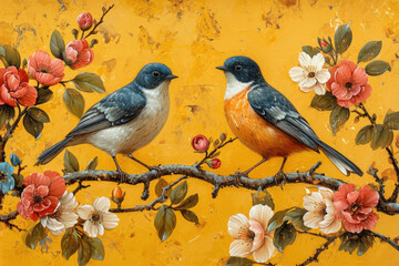 chinoiserie design with birds and flowers on a mustard yellow background in the style of de Gournay.