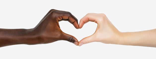 Couple  hands of diverse skin tones come together to form a heart shape, symbolizing unity, love, and racial harmony against a white background.