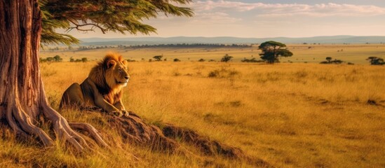 A lion watching its prey in the savanna grassland - obrazy, fototapety, plakaty