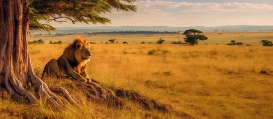 Poster A lion watching its prey in the savanna grassland © kucret