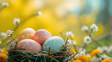 Fototapeta na wymiar Bird Nest Filled With Eggs on Field of Flowers