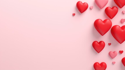 Various sizes of red hearts appearing to float on a soft pink background, creating a sense of love, romance, and celebration.