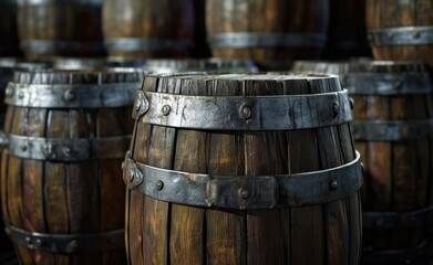 Naklejka premium A glimpse into the winery's storage area reveals the rustic beauty of old brown oak casks nestled in the dark cellar.