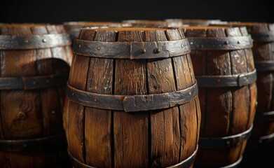 Fototapeta premium A glimpse into the winery's storage area reveals the rustic beauty of old brown oak casks nestled in the dark cellar.