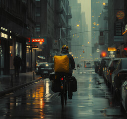 Rainy City Delivery: Cyclist in Yellow Raincoat on Busy Avenue