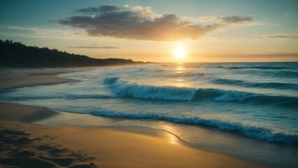 Fototapeta premium Serenity Captured: A Breathtaking Sunset Over Nature's Canvas with Azure Beach and Perfect Sky – Your Gateway to Tranquil Escapes!