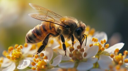 Close-up of a bee on a flower, collecting nectar, greeting card with copy space.