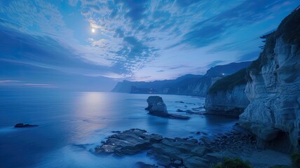 a seaside landscape under the luminous glow of a full moon, with the vast expanse of the sea stretching out to meet the horizon.