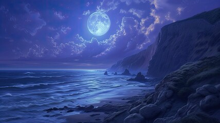 a seaside landscape under the luminous glow of a full moon, with the vast expanse of the sea stretching out to meet the horizon.