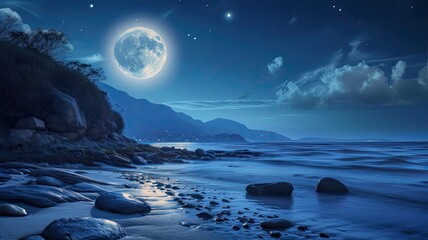 a seaside landscape under the luminous glow of a full moon, with the vast expanse of the sea stretching out to meet the horizon.