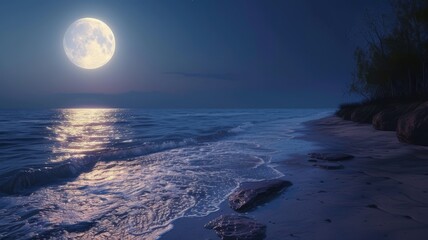 a seaside landscape under the luminous glow of a full moon, with the vast expanse of the sea stretching out to meet the horizon.