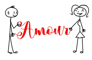 stylized man and woman united by a red thread that forms the written word Amour - vector graphics Valentine's Day, engagement, wedding, love - stickman
