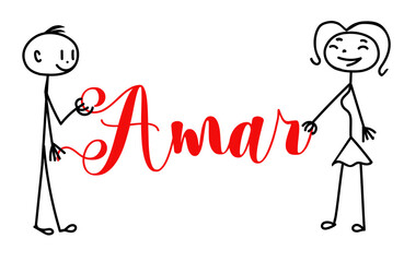 stylized man and woman united by a red thread that forms the written word Amar - vector graphics Valentine's Day, engagement, wedding, love - stickman