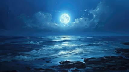 a seaside landscape under the luminous glow of a full moon, with the vast expanse of the sea stretching out to meet the horizon.