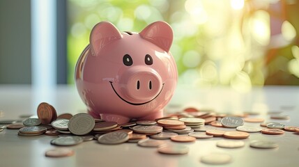 a cheerful pink piggy bank, overflowing with coins, symbolizing the rewards of disciplined saving and wealth accumulation.