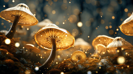 a close-up view of gold luminous mushroom caps creating a textured and visually interesting background. Generative ai