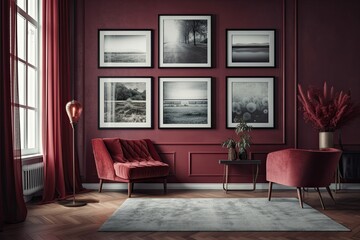 Dark crimson and maroon interior with four picture frames on the wall but no furniture and an empty space for a poster presentation