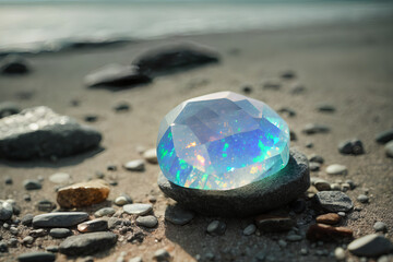 An opal stone placed on the sand at the beach
