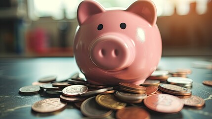 a cheerful pink piggy bank, overflowing with coins, symbolizing the rewards of disciplined saving and wealth accumulation.