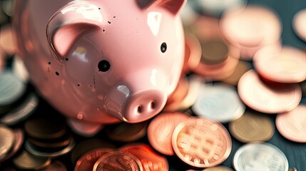 a cheerful pink piggy bank, overflowing with coins, symbolizing the rewards of disciplined saving and wealth accumulation.