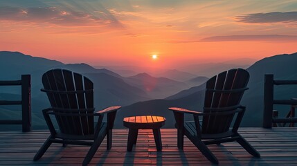 a rustic cabin terrace adorned with sleek black wooden chairs, overlooking a majestic mountain landscape bathed in the warm hues of a vibrant sunset, evoking a sense of tranquility and serenity.