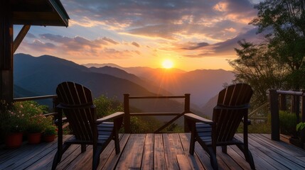 a rustic cabin terrace adorned with sleek black wooden chairs, overlooking a majestic mountain landscape bathed in the warm hues of a vibrant sunset, evoking a sense of tranquility and serenity.