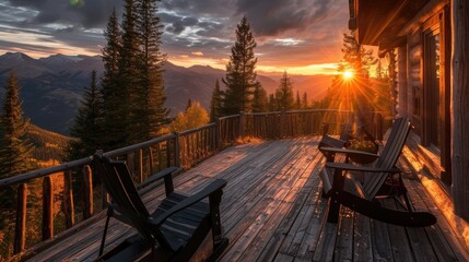 a rustic cabin terrace adorned with sleek black wooden chairs, overlooking a majestic mountain landscape bathed in the warm hues of a vibrant sunset, evoking a sense of tranquility and serenity. - obrazy, fototapety, plakaty