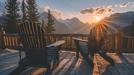 a rustic cabin terrace adorned with sleek black wooden chairs, overlooking a majestic mountain landscape bathed in the warm hues of a vibrant sunset, evoking a sense of tranquility and serenity.